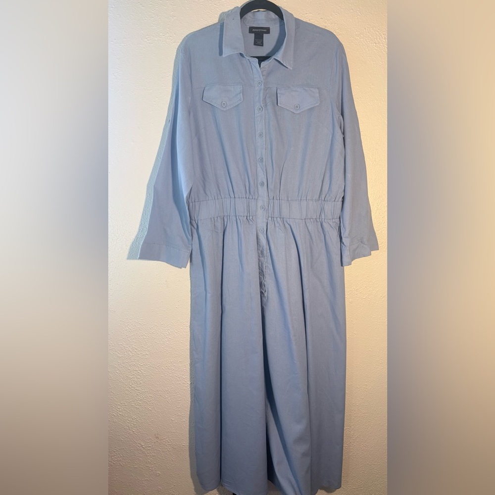Ashley Stewart Blue Long Sleeve Button Down Coastal Linen Blend Maxi Dress 22/24